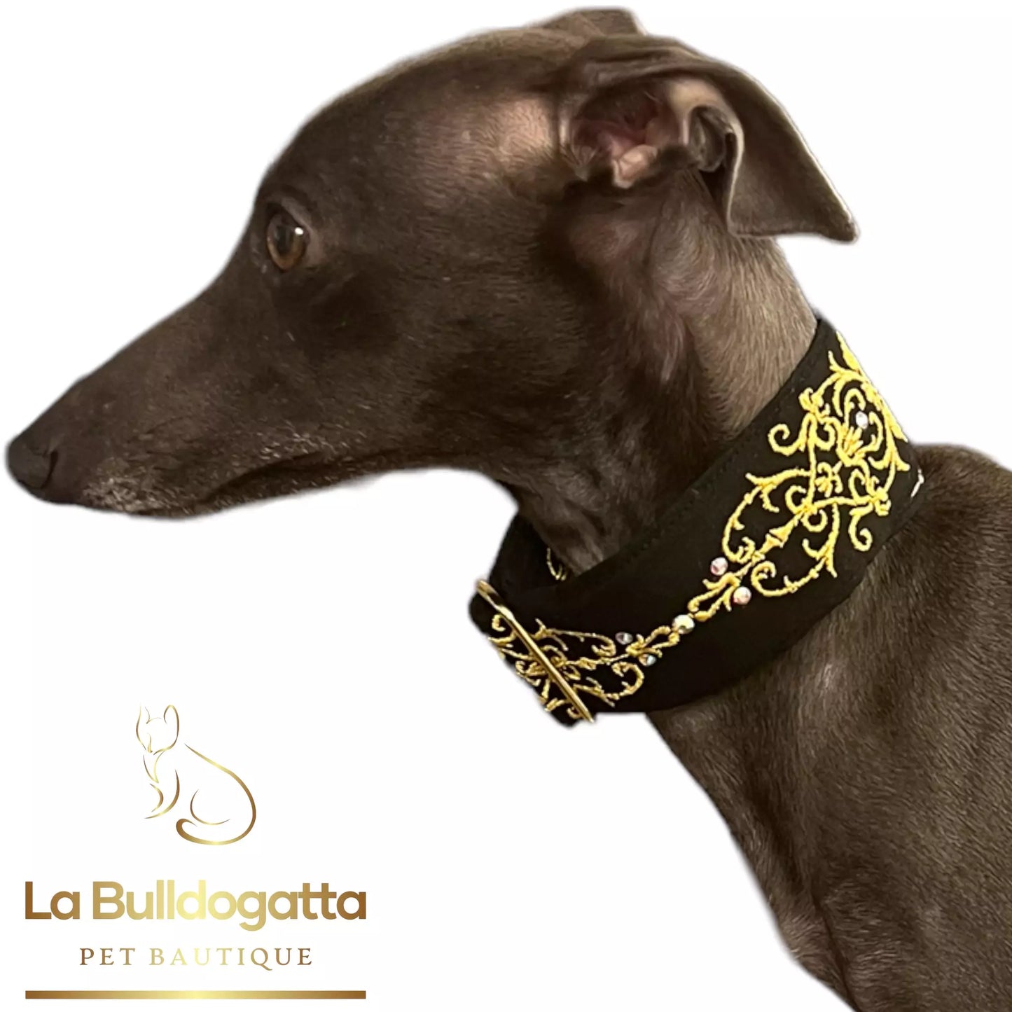 Adjustable collar 40 mm Ramage1 Black Gold Crystals SMALL ITALIAN GREYHOUND